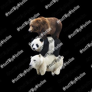 May include: A digitally created image featuring a brown bear, a panda bear, and a polar bear stacked on top of each other. The bears are set against a black background with the text "StuffByShelim" repeated diagonally.