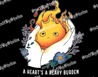 Calcifer PNG, A Heart's a Heavy Burden Digital Download, Howl's Bewegendes Schloss Clipart, Heulen und Sophie PNG-Datei, Anime Blumenmuster