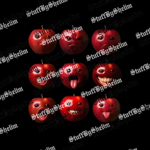 May include: Nine red apples with cartoon faces expressing different emotions are arranged on a black background. The apples have eyes, mouths, and some have tongues sticking out. The image has the text "StuffByShelim" repeated across it.