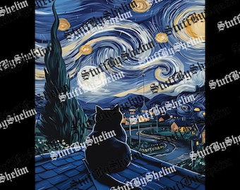Cat Starry Night Van Gogh Cat Art Lover Funny Cat PNG, Funny Meme Sublimation, Gift For Cat Lover, Cute Black Cat File, Digital Download