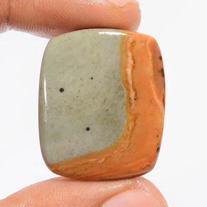 May include: A polished, rectangular gemstone with rounded corners. The stone features a light green centre with small black specks, bordered by a band of orange-brown. The gemstone is held between two fingers.