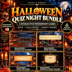 Puede incluir: Un paquete de juegos de trivia para Halloween con cuatro juegos interactivos de PowerPoint. El producto digital incluye Would You Rather, True or False, Guess the Emoji y Riddles & Brain Teasers. El diseño presenta temas en naranja y negro con calabazas, una calavera y una luna llena.