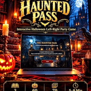 Puede incluir: Un portátil que muestra el juego interactivo de fiesta de Halloween The Haunted Pass. La pantalla muestra una mansión espeluznante, 3 historias originales y un botón de inicio. Los iconos indican 3 historias, 60 pistas, 70 diapositivas y 5-8 minutos.