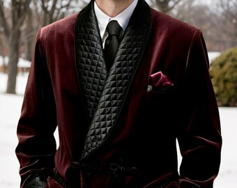 Burgundy Velvet Jacket - Smoking Jackets - Men's Jackets - Men's Velvet Jacket - Men Smoking Jackets - Belted Smoking Jacket - Dinner Gown