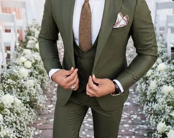 Olive Green Suit 3 Piece Wedding Suit For Men Groom Attire