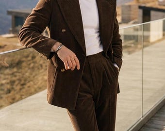 Vintage 1970s Brown Corduroy Double Breasted Suit, Dark Academia Wedding Trousers Blazer