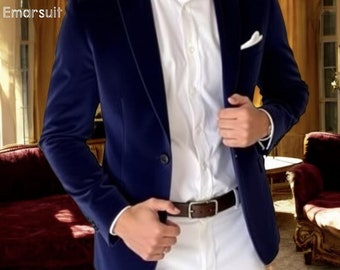Men's Blue Velvet Blazer - Elegant Wedding Jacket
