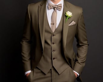 May include: A brown three-piece suit with a vest, a white shirt, a brown bow tie, and a white flower boutonniere.
