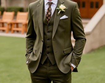 オリーブグリーンのスリーピーススーツ：スリムフィットウェディング