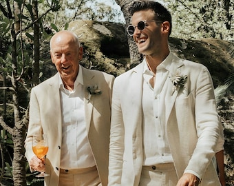 Beige Wedding Wear Stylish 2Piece Suit For Groom - Men Linen Suits - Men's Stylish Suit For Party - Beach Theme Elegant Linen Suit For Groom