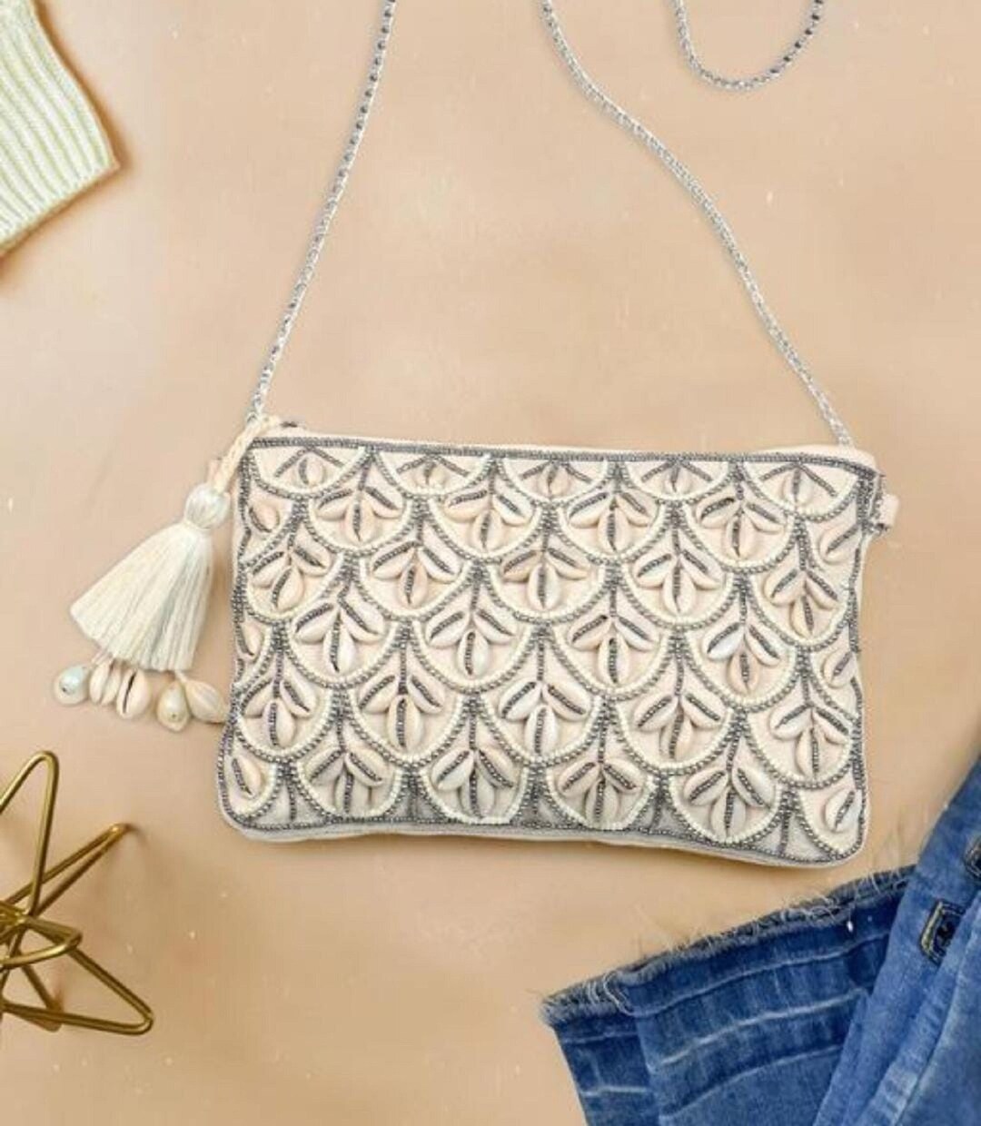 Cowrie Shell Clutch Bag Gold Banjara Bag Beaded Banjara Etsy