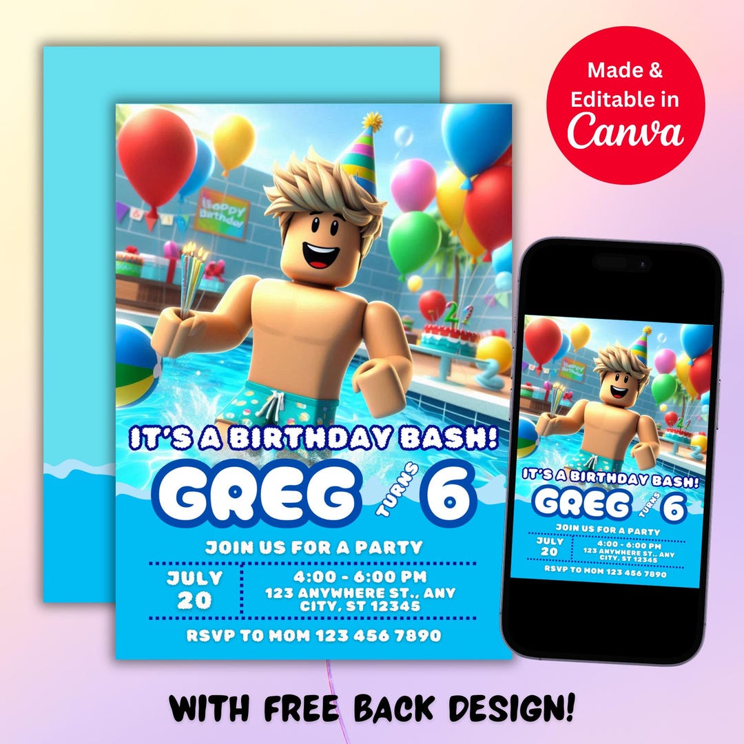 Editable Roblox Boy Birthday Invitation Pool Party Birthday Invite Kids ...