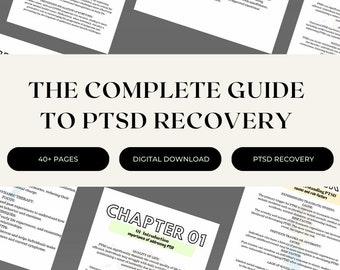 May include: A digital download guide to PTSD recovery with a blue and white cover featuring the text "The Complete Guide to PTSD Recovery". The guide includes 40+ pages of information on understanding PTSD, causes, risk factors, and recovery strategies.