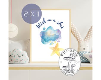 Deseo en una estrella / Impresión artística digital inspiradora para niños / Arte mural de acuarela para guardería