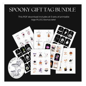 May include: Printable Halloween gift tags featuring spooky designs like ghosts, pumpkins, bats, and skulls. The tags are in black, white, and orange. The text "SPOOKY GIFT TAG BUNDLE" is at the top. The image also includes the text "WILD SNAIL STUDIO".