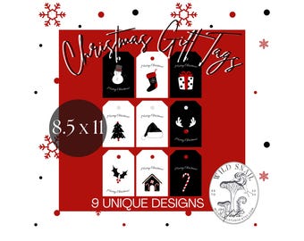 Etiquetas para regalos de Navidad imprimibles / 9 diseños navideños únicos / Descarga instantánea / Blanco y negro