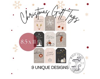 Etiquetas para regalos de Navidad imprimibles / 9 diseños navideños únicos / Descarga instantánea / Gris, beige, negro