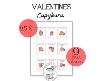 Carini biglietti di San Valentino a forma di capibara - Biglietti di San Valentino stampabili per bambini (PDF)