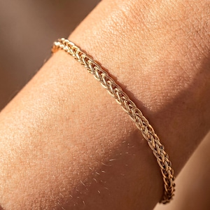 14K Solid Gold Wheat Chain Bracelet, Braided Everyday Unisex Jewelry