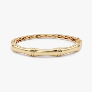 14K Solid Gold Bamboo Bangle Bracelet, Hinged Gold Cuff, Elegant Minimalist Bracelet, Statement Gold Jewelry for Women
