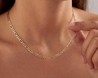 14K Solid Gold Figaro Kettenhalskette, polierter Unisex Alltagsschmuck