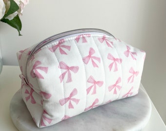 Pink Bow Ribbon Makeup Bag ,Toiletry Bag - It Girl Makeup Bag- Quilted Makeup Bag - Cloth Makeup Bag - Coquette Pink Makeup Bag