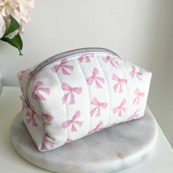 Pink Bow Ribbon Makeup Bag ,Toiletry Bag - It Girl Makeup Bag- Quilted Makeup Bag - Cloth Makeup Bag - Coquette Pink Makeup Bag