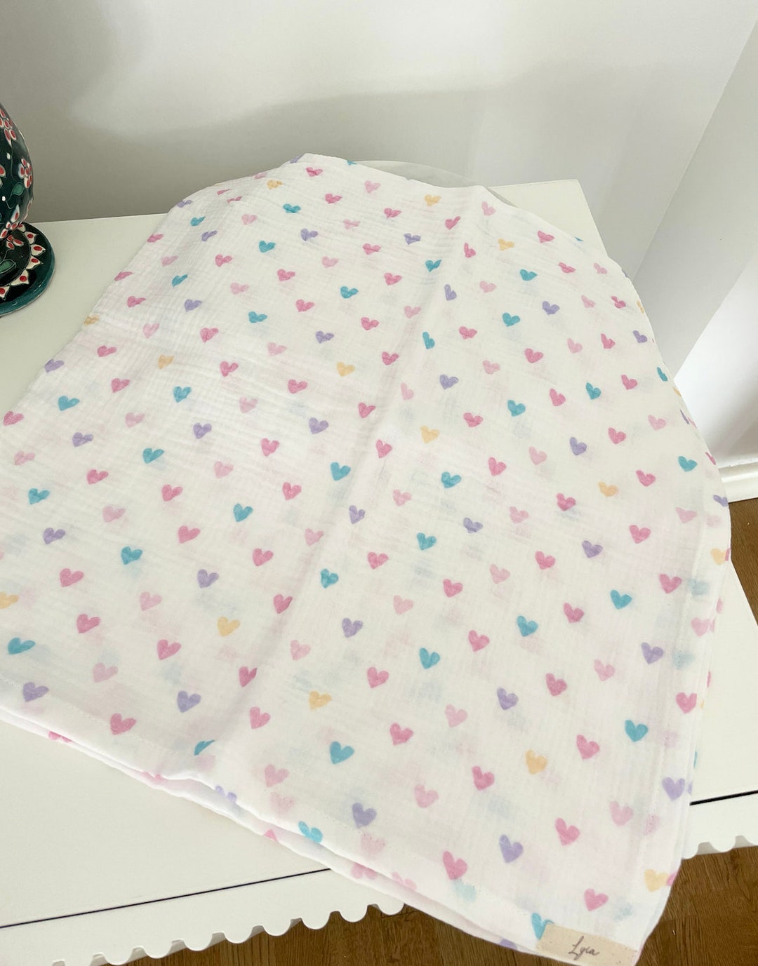 Cute Heart Pattern Muslin Baby Blanket Pastel Muslin Blanket Organic