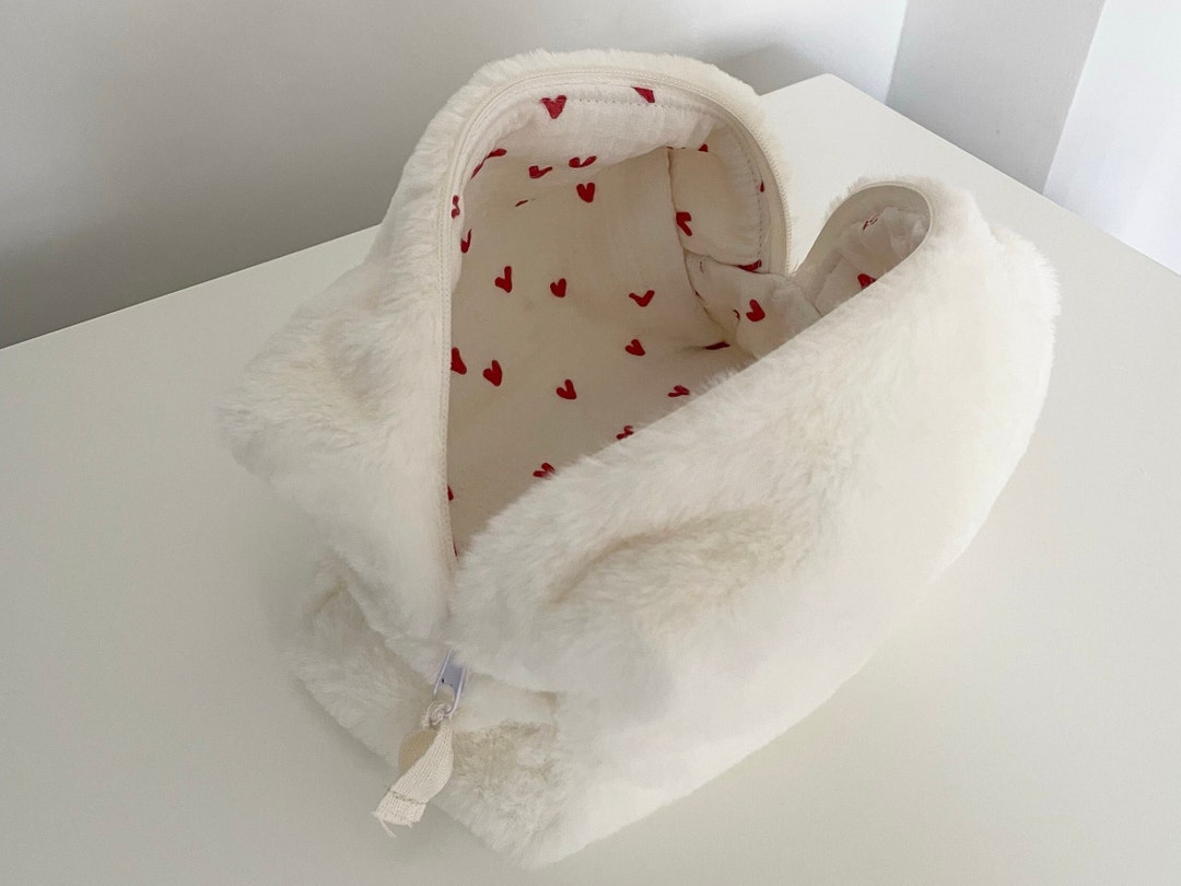 Red Heart Fluffy Plush Makeup Bag White Teddy Makeup Bag Etsy
