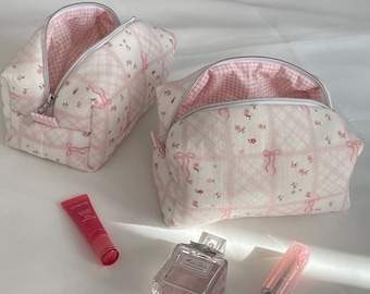Pink Bow and Floral Makeup Bag - Gingham Cosmetic Bag