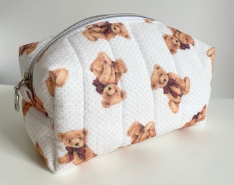 Bow Teddy Bear Patterned Makeup Bag - Teddy Bear Cosmetic Bag - Vanity case Beauty Bag - Handmade Quilted Makeup Bag