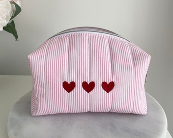 Cute Heart Embroidered Pink Striped Makeup Bag - Handmade Toiletry Bag - Pink Quilted Cosmetic Bag