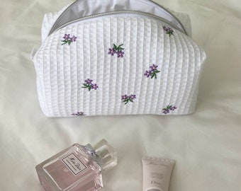 Tiny Purple Flower Embroidered Makeup Bag White Waffle Fabric Bathroom Organizer Bag Toiletry Bag Mother's Day Gift