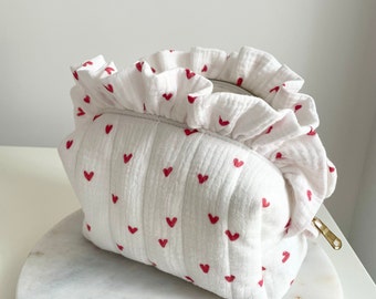 Cute Heart Handmade Frilly Makeup Bag - Red Heart Pattern Makeup Bag - Toiletry Travel Skincare Bag - Heart Makeup Bag