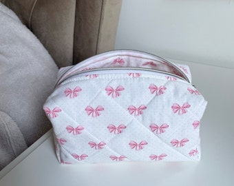 Pink Bow Ribbon Makeup Bag ,Toiletry Bag - It Girl Makeup Bag- Quilted Makeup Bag - Cloth Makeup Bag - Coquette Pink Makeup Bag