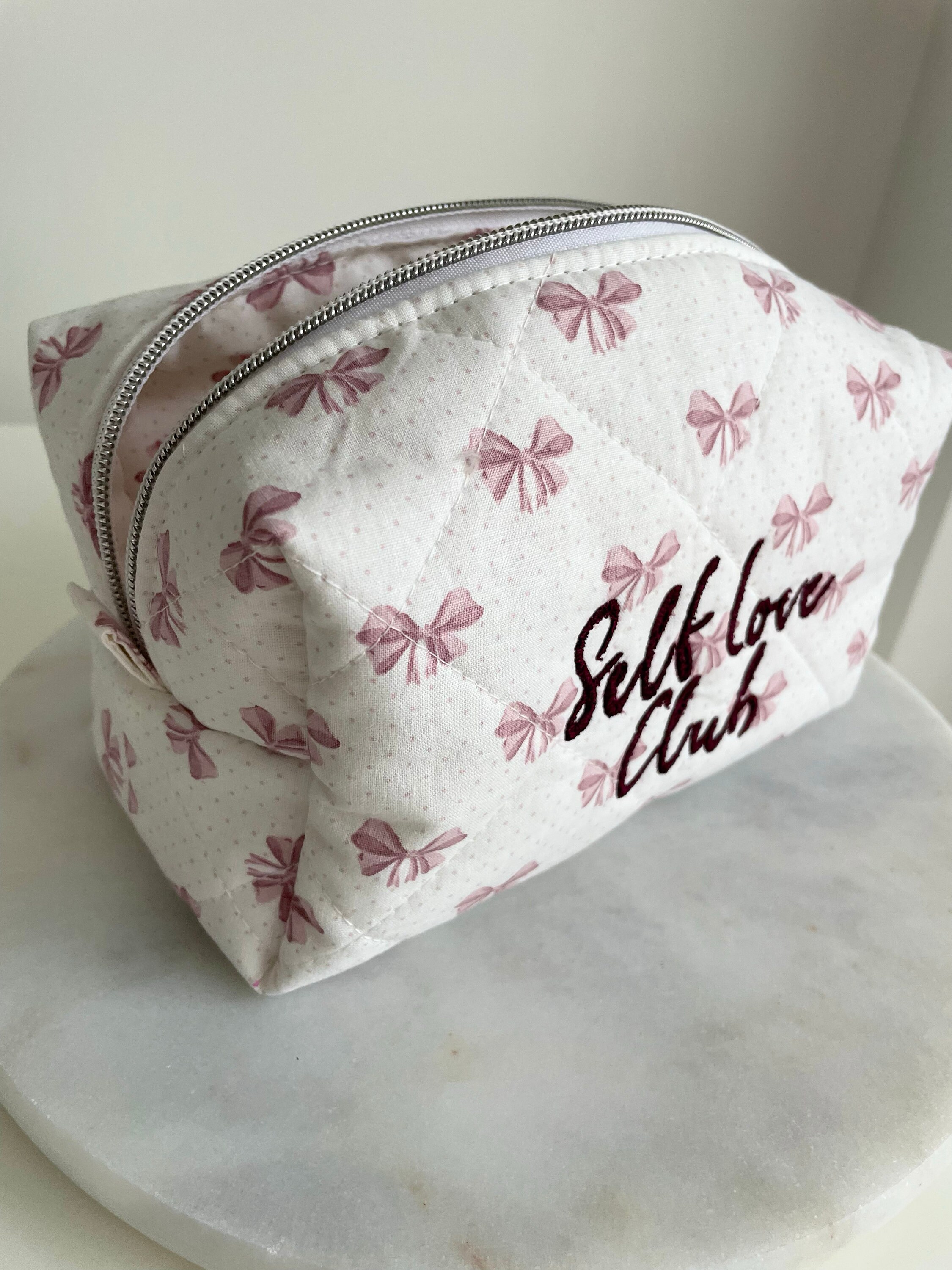 Powder Pink Ribbon Makeup Bag ,toiletry Bag It Girl Makeup Bag Quilted