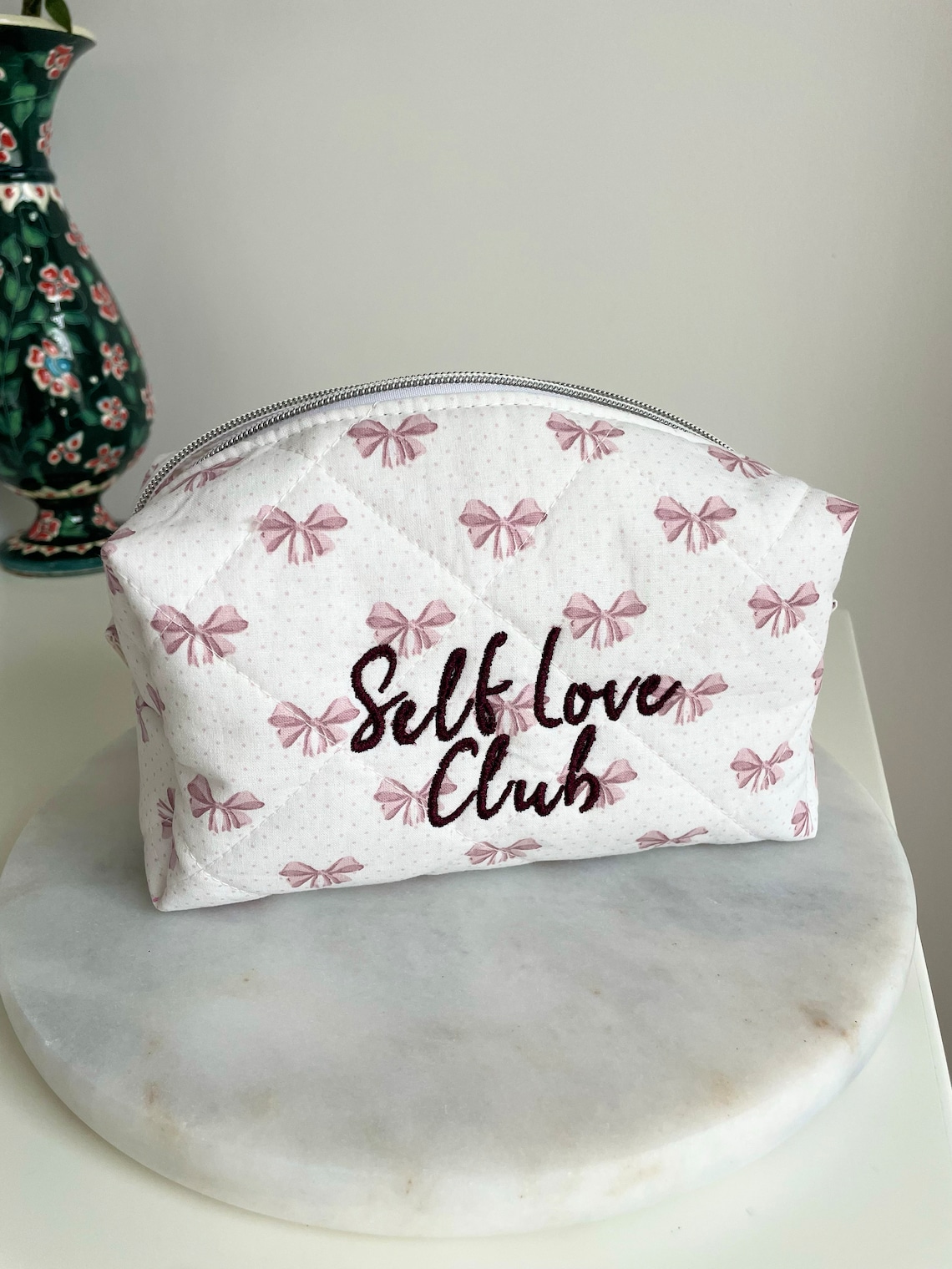 Powder Pink Ribbon Makeup Bag ,toiletry Bag It Girl Makeup Bag Quilted