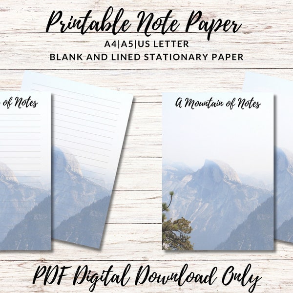 Mountain Photography Printable Stationary Half Dome Yosemite, Digital Note Paper Lined & Unlined Letter Writing Paper A4, A5, US Letter Size