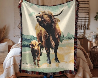 Highland Cow and Calf Woven Blanket, Rustic Farmhouse Throw, Highland Cattle Decor, Cozy Cottagecore Blanket, Mom and Baby Cow Gift