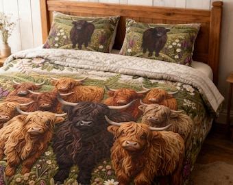 Påslakanset i bomull med höglandsko, bäddset med vilda blommor från Cottagecore, dekoration med skotsk boskap och bondgård, present till koälskare, rustikt queen size-säng
