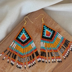 NORA Huichol Style Earrings, Multicolor Native Americans Jewelry, Vivid Color Handwoven Mexican Dangle Earrings, Birthday Gift for Women