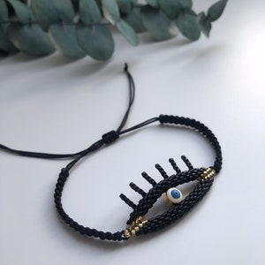 3D Evil Eye Bracelet, Evil Eye Protection Bracelet for Her, Black Evil Eye Beaded Jewelry for Women, Custom Handmade Jewelry with Small Bead image 3