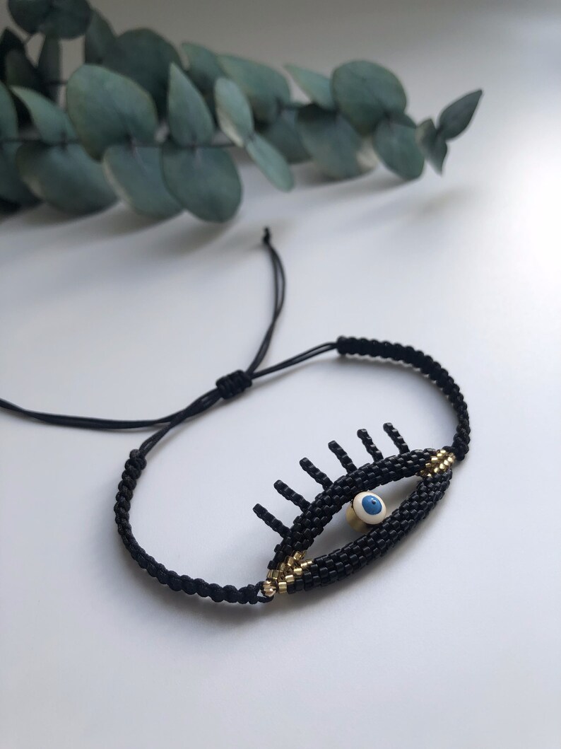 3D Evil Eye Bracelet, Evil Eye Protection Bracelet for Her, Black Evil Eye Beaded Jewelry for Women, Custom Handmade Jewelry with Small Bead image 3