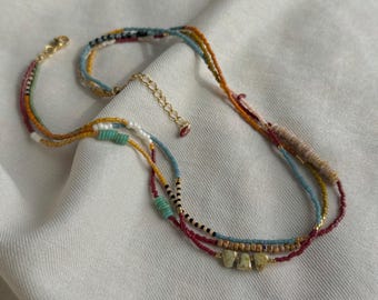 AMY Multicolor Mixed Bead Multi Strand Summer Necklace, Boho Fall Style Everyday Necklace, Pastel Layered Jewelry, 3 Strand Necklace Gift