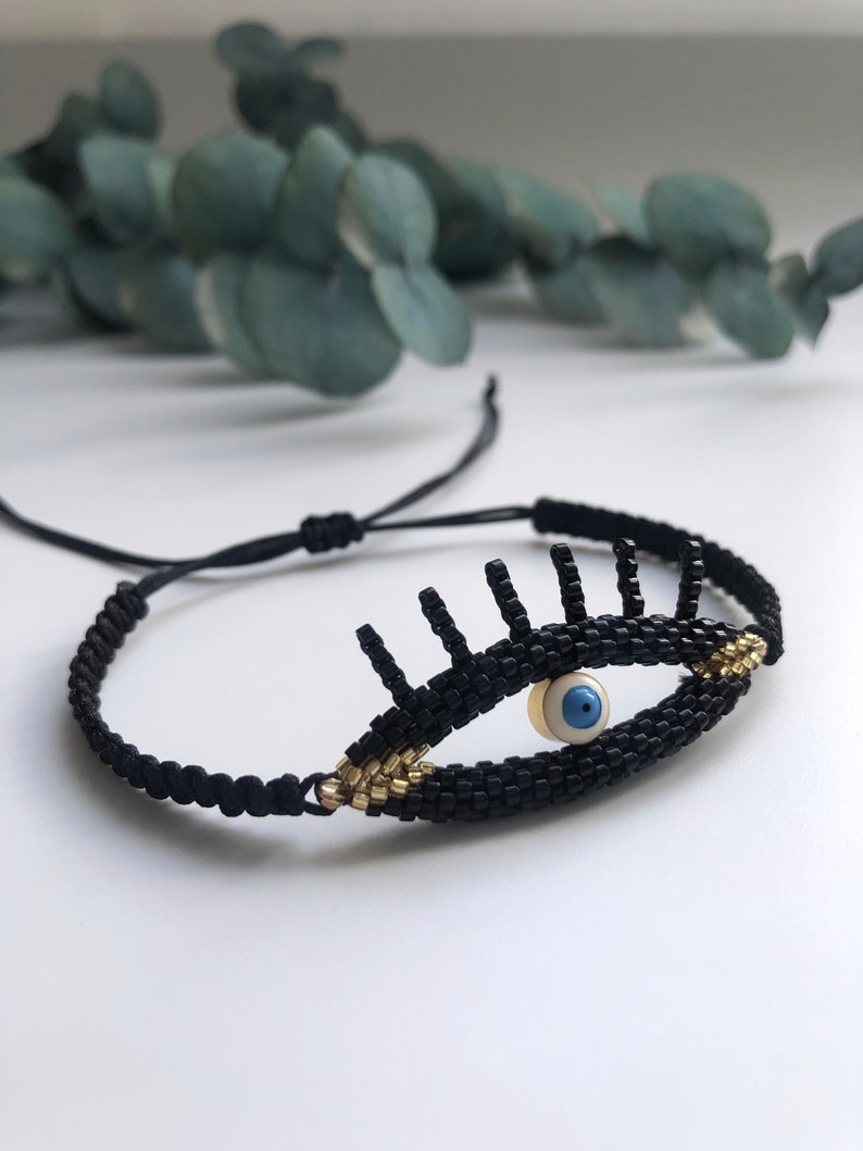 3D Evil Eye Bracelet, Evil Eye Protection Bracelet for Her, Black Evil Eye Beaded Jewelry for Women, Custom Handmade Jewelry with Small Bead image 4