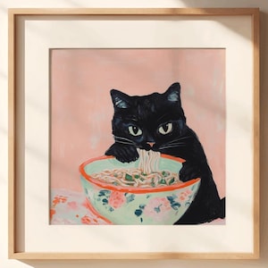 Noodle Black Cat Poster, tokyo art print, edo period ramen noodles art, japan black cat poster, eating hungry cat, kitchen wall art