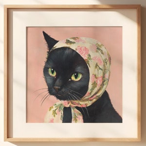 バブシュカ黒猫、黒猫の記念アート、猫のプリント、黒猫のプリント、黒猫の絵画、黒猫のギフト、黒猫のママ、バブシュカ猫