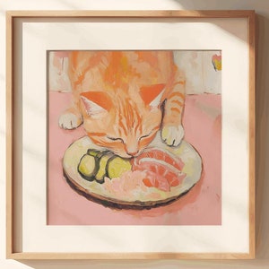 Sushi Orange Tabby Cat Poster Tokyo Art Print, oishii cat print, delicious japanese food art, kitchen wall art, sushi wall art, hungry cat