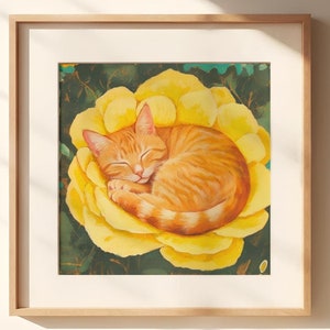 Ginger Orange Tabby Cat Flowers, ginger cat print, ginger cat painting, orange cat painting, ginger cat gift, floral cat art, orange cat
