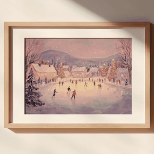 Vintage winter wall art, neutral Christmas printable art, ice skating print, winter cityscape painting, antique holiday decoration